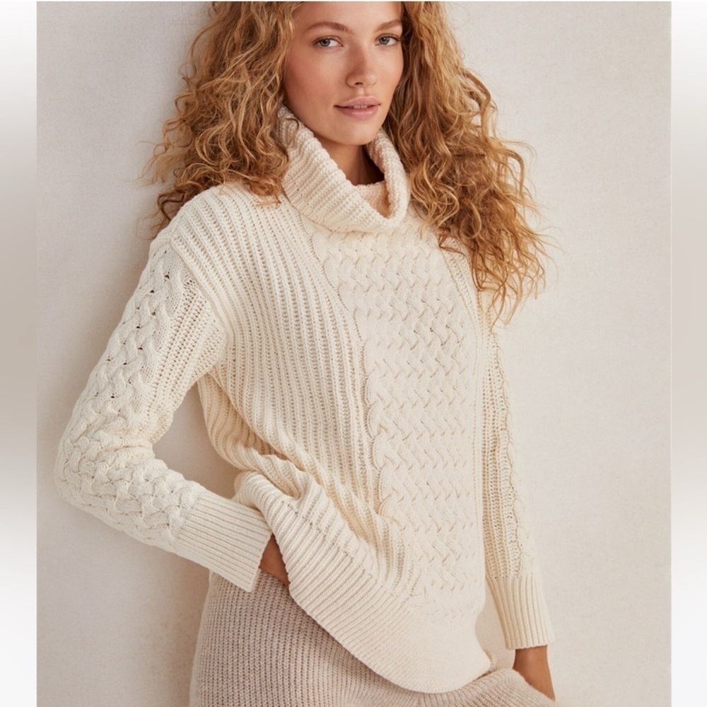 Haven Well Within Braided Cable Knit Sweater Turtleneck Cream Medium Fisherman